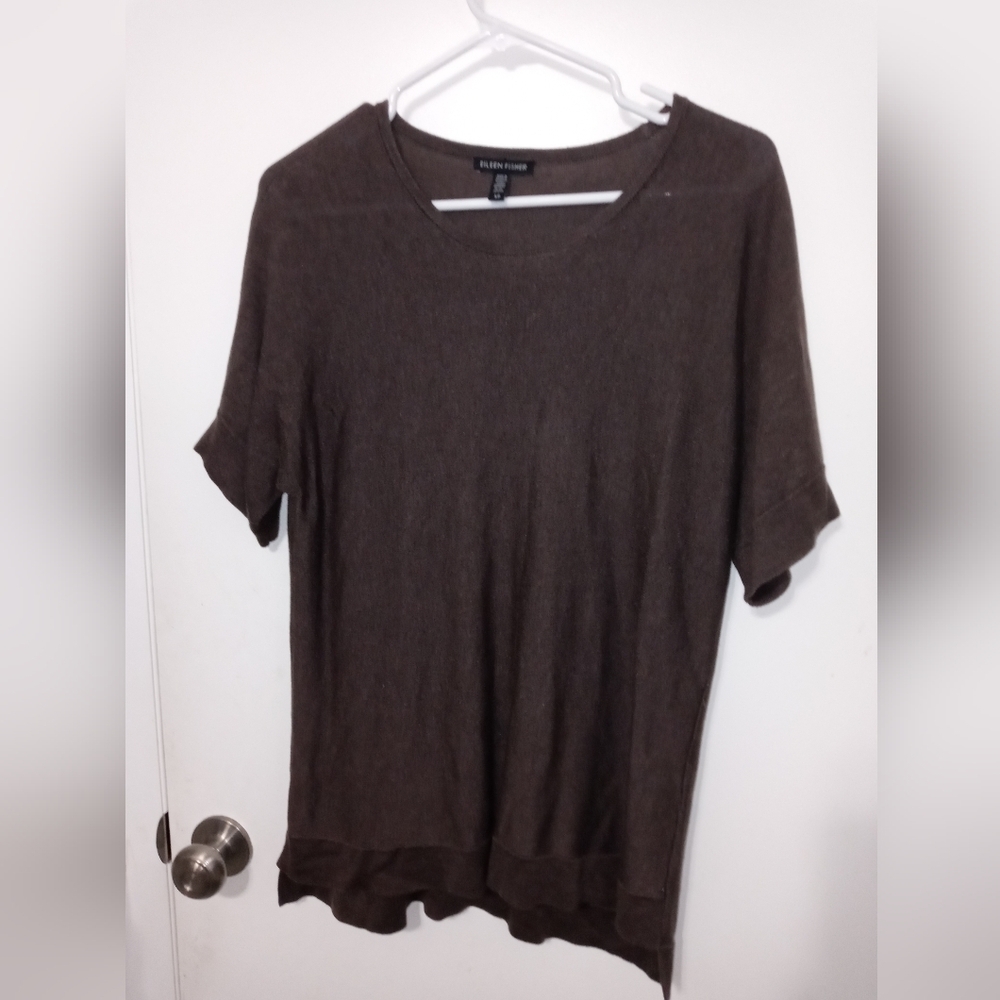 Eileen Fisher Short Sleeve Chocolate brown Hi Lo Stretch Knit Sweater Silk Top